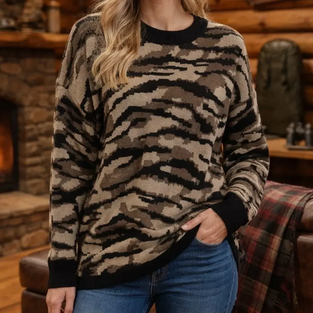 women's Philosophy 2X camouflage knit sweater long sleeves cozy casual relax